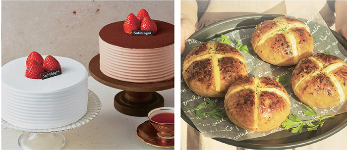 설빙이 지난해 12월 겨울 한정으로 출시한 케이크 제품 ‘와르르생딸기 케이크’(사진 왼쪽).굽네치킨이 지난해 4월 선보인 디저트 사이드 메뉴 ‘굽네 바게트볼 갈릭크림’.