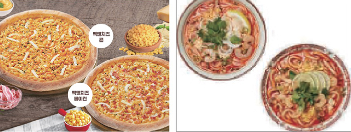 한국파파존스에서 선보인 ‘맥앤치즈’ 피자.(사진 왼쪽) 스쿨푸드의 타이 똠양쌀국수(왼쪽)와 타이 똠양우동.