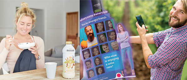 호주의 식물성 기반 브랜드 빅포드(Bickford's)에서 만든 식품성 우유.(왼쪽) 소비자와 소통할 수 있는 최신 기술로 증강현실을 적용한 와이너리테일(Winerytale) 앱.사진=Bickford's·Winerytale 홈페이지